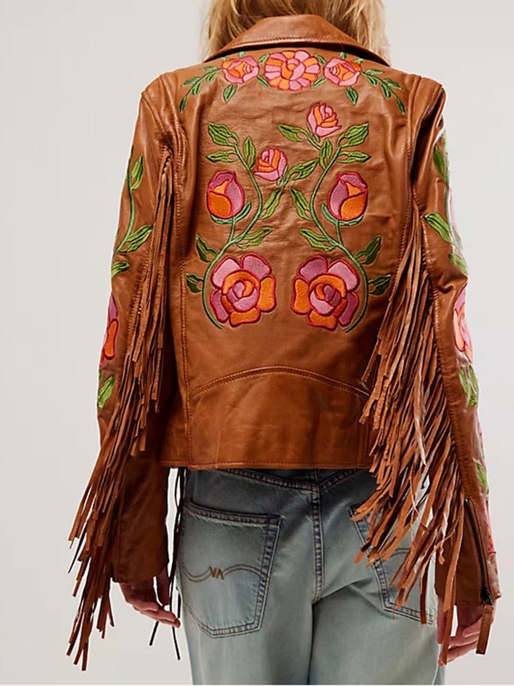 Free people x MAURITUS Crissy brown leather fringe jacket floral Size L - Picture 4 of 11